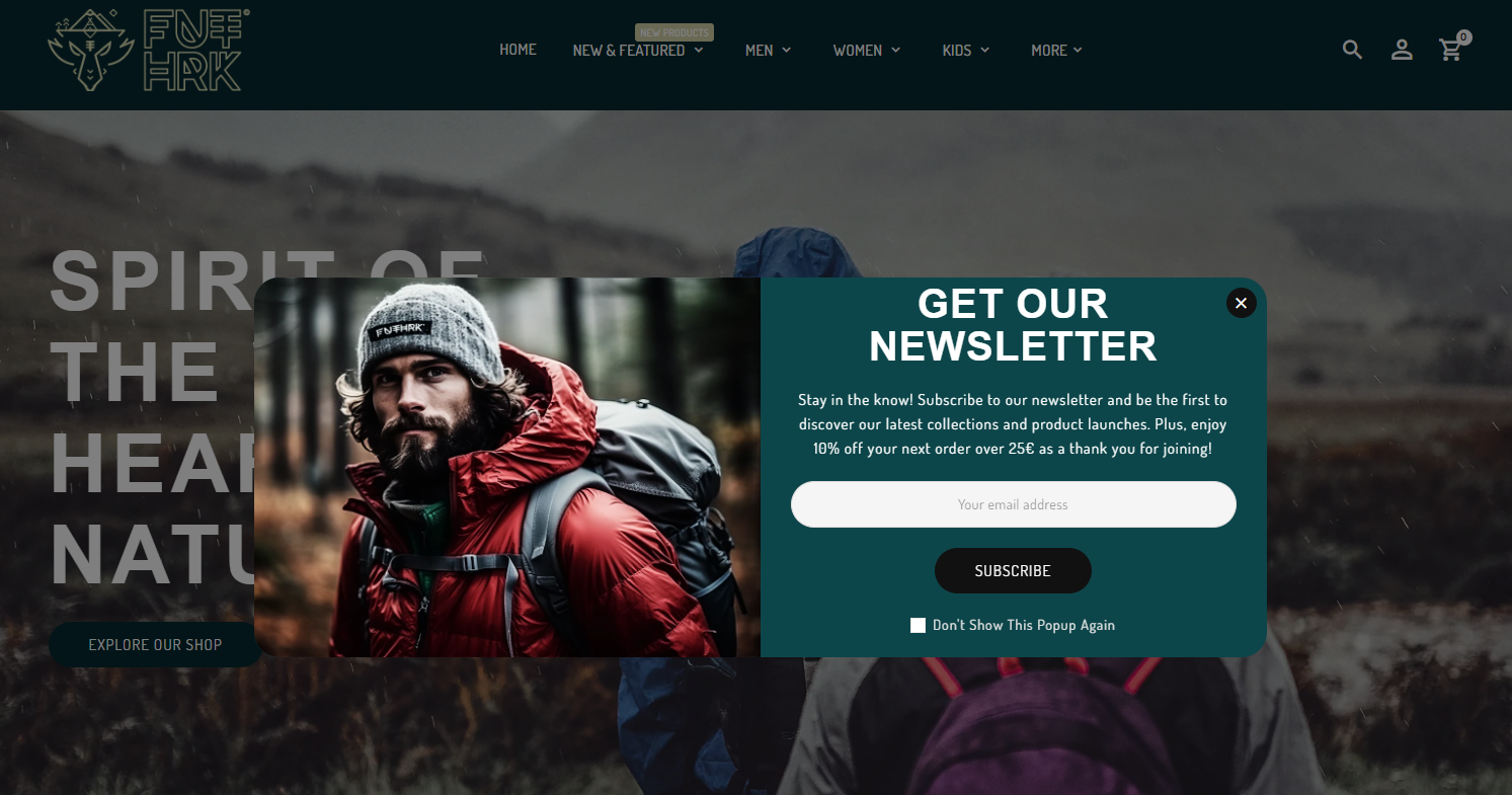 Futhark home page with an email capture pop-up offering a discount code
