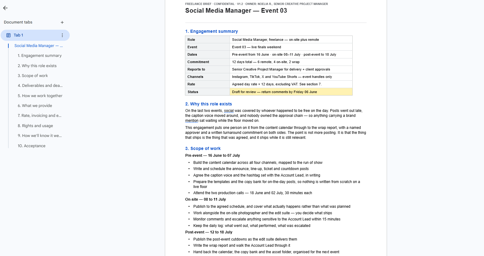 Freelance brief page 1 — engagement summary, why the role exists, and scope of work