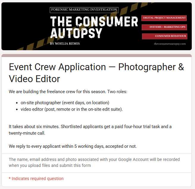 Event crew application page 1 — role overview, what to expect, and email entry