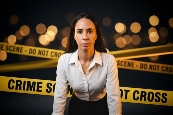 Noelia Remis standing behind crime-scene tape, lead investigator of The Consumer Autopsy
